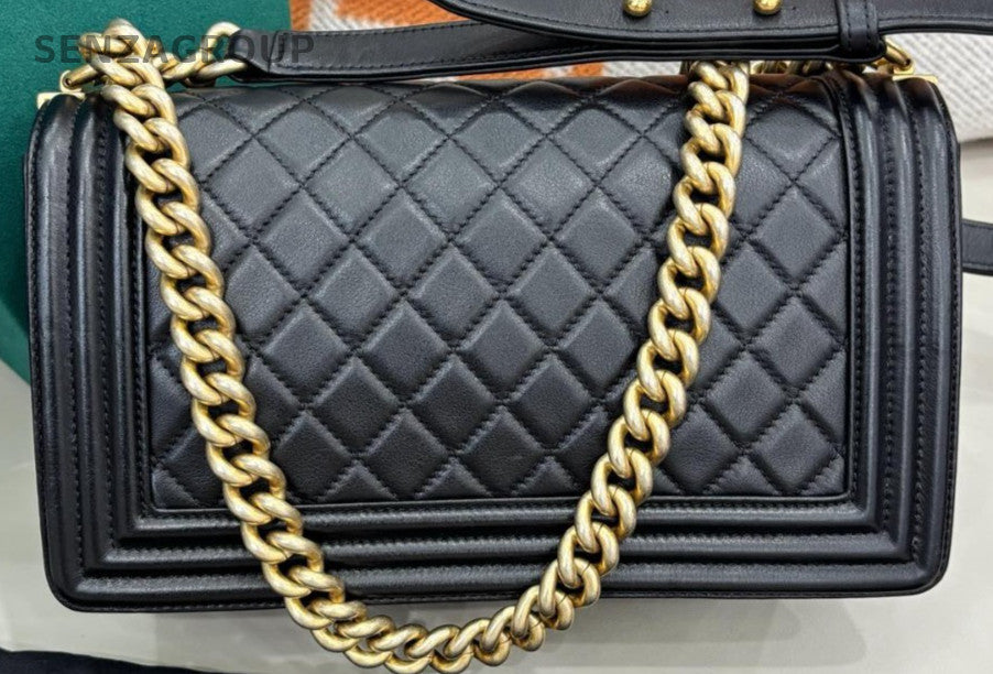 Chanel Leboy MM Calfskin Chain Shoulder Bag Black Gold Diamond Women Classic