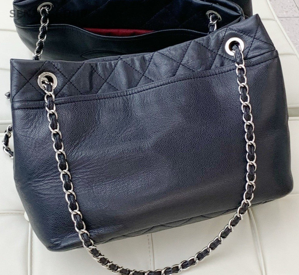 Chanel Calfskin Chain Tote Shoulder Bag Black Silver Women Classic CC Logo