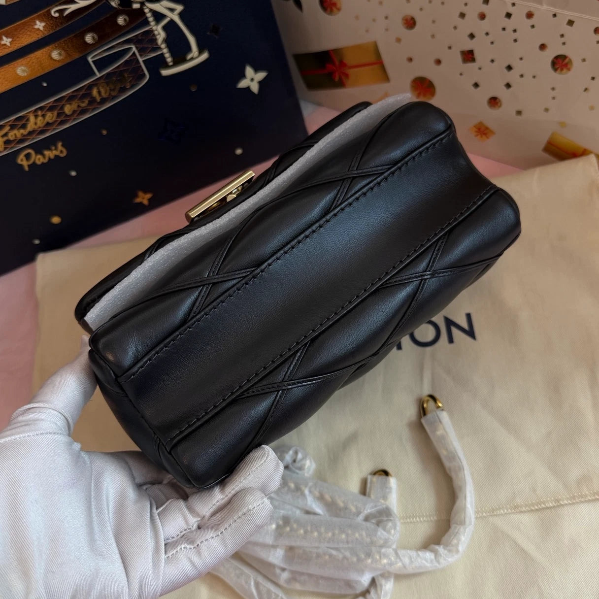 Louis Vuitton GO-14 MM Top Handle Bag Chain Crossbody Black Gold Women Classic