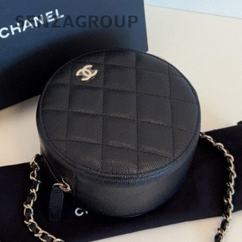 Chanel Calfskin Chain Round Bag Crossbody Diamond Black Gold Women Classic