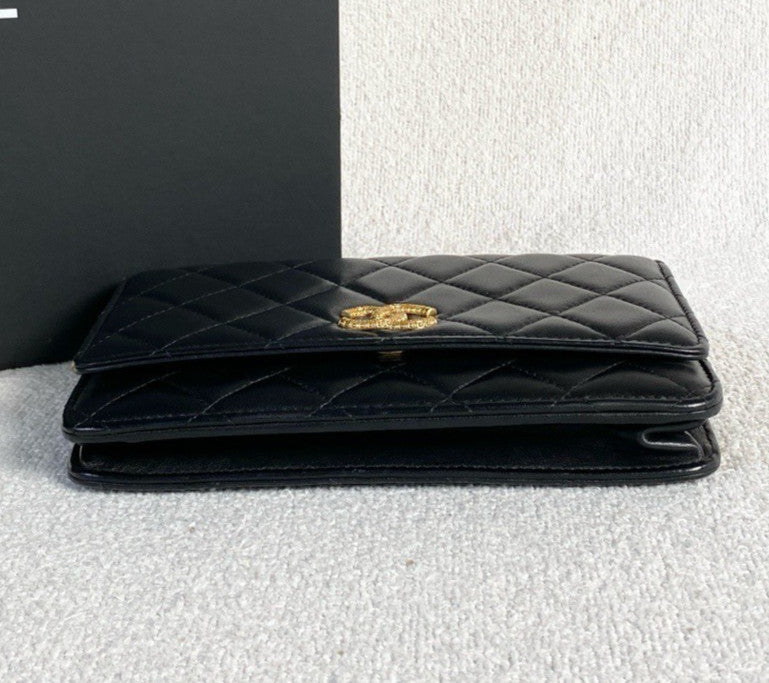 Chanel WOC Lambskin Chain Shoulder Bag Crossbody Black Gold Women Classic