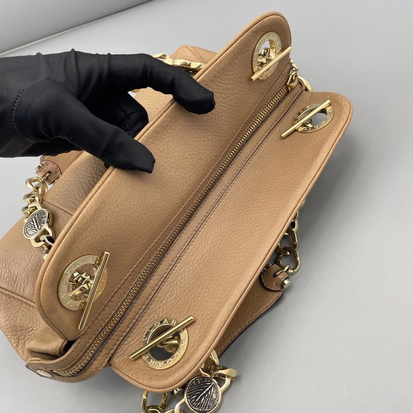 Bvlgari Coin Chain Bag Top Handle Crossbody Bag BROWN Gold Women
