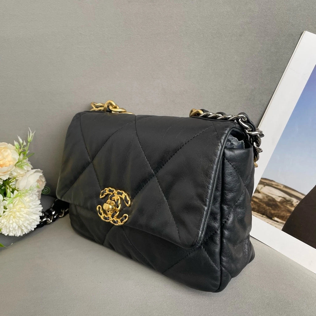 CHANEL 19Bag Small Black Gold Lambskin Shoulder Bag For Women