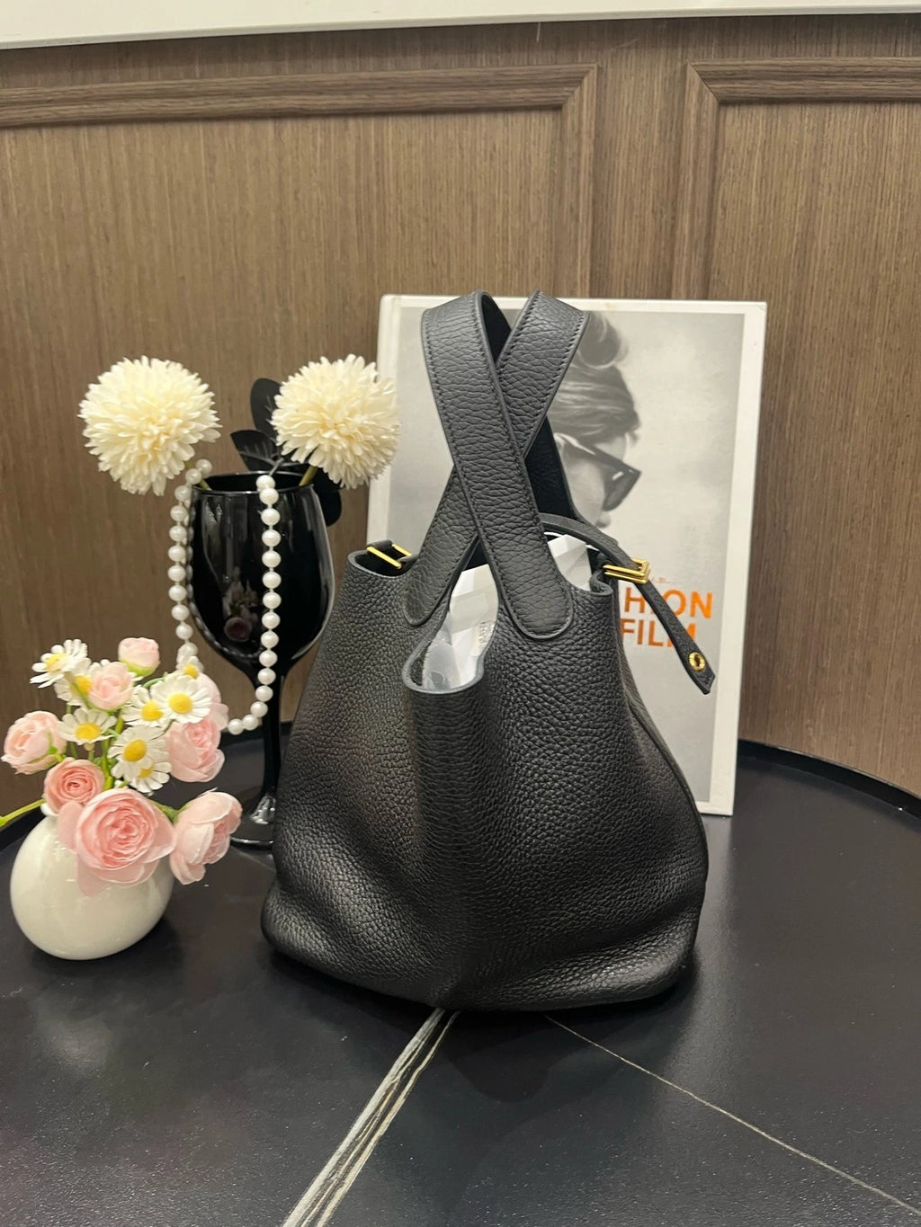 Hermes Black Leather Picotin18 Gold Hardware Bucket Bag For Women