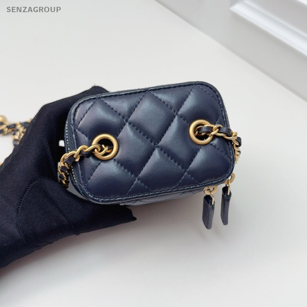 CHANEL Vanity Box mini Diamond Pattern Chain Shoulder bag Navy Blue Gold Women