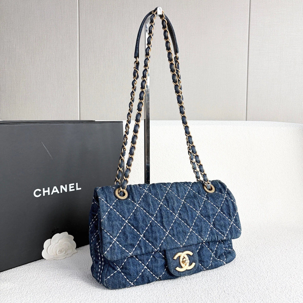 Chanel Classic Flap Denim Chain Shoulder Bag Crossbody Blue Gold Women Diamond
