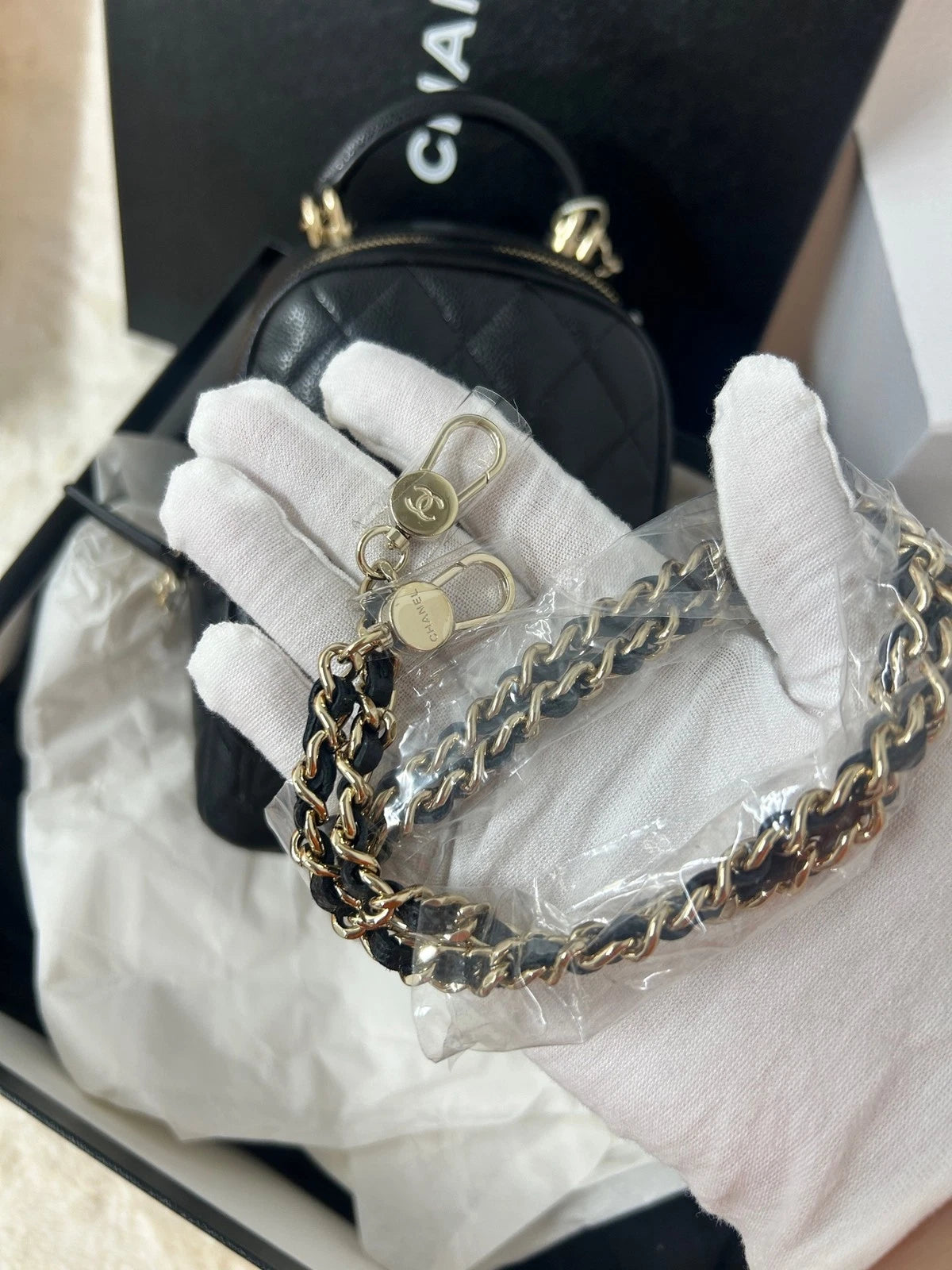 CHANEL Mini Black Gold Leather Backpack For Women