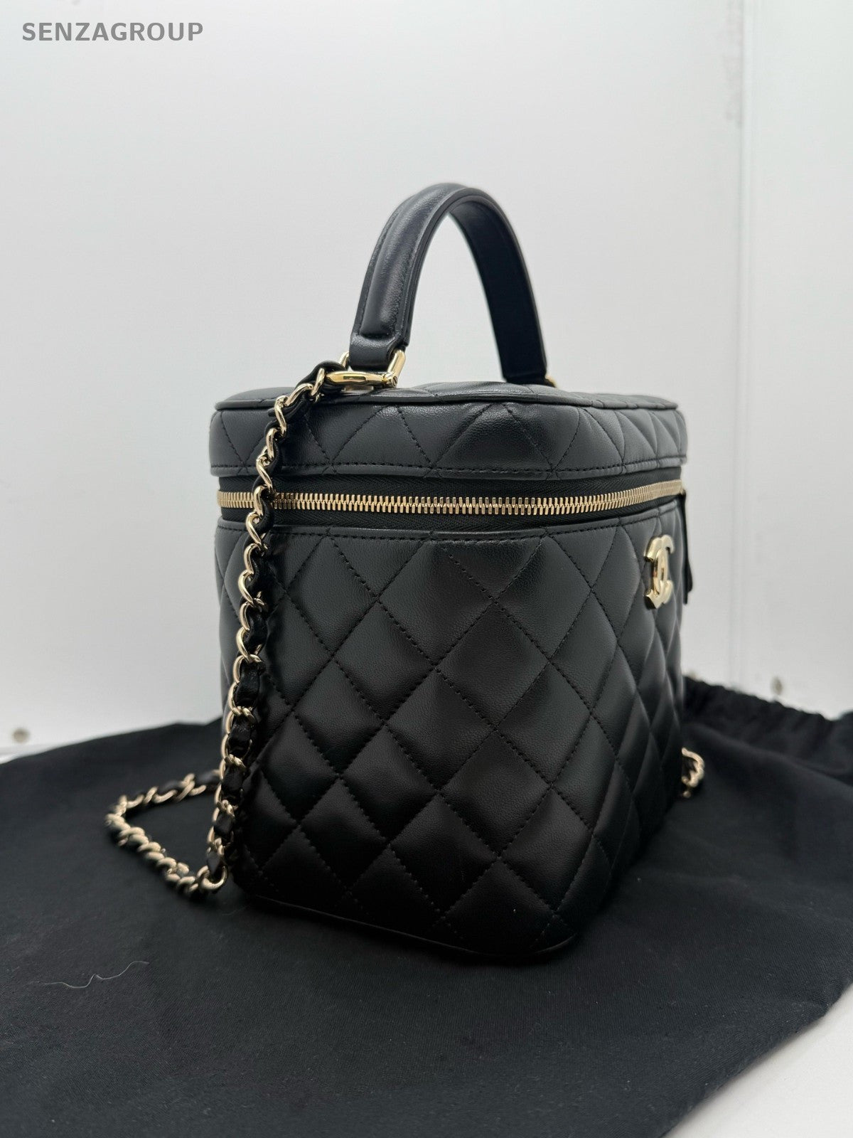 CHANEL Diamond Box Top Handle Lambskin Chain Shoulder Handbag Black Gold Women