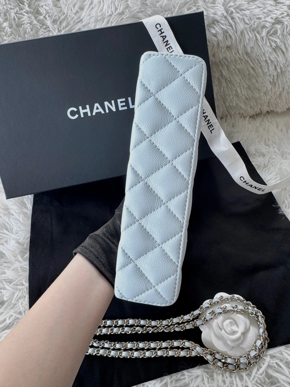 Chanel Baby Blue Leather Vanity Box Bag Gold Chain For Women
