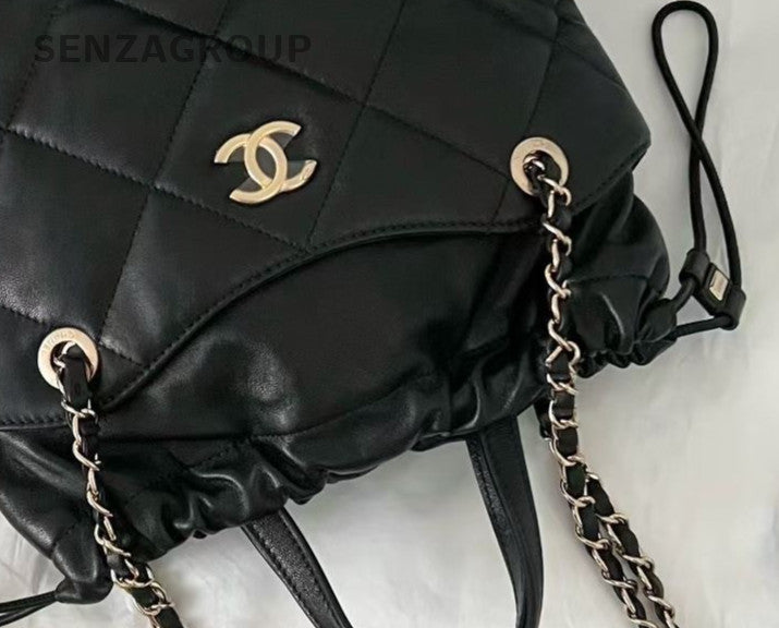 Chanel Drawstring Tote Handbag Chain Shoulder Bag Black Gold Women Classic