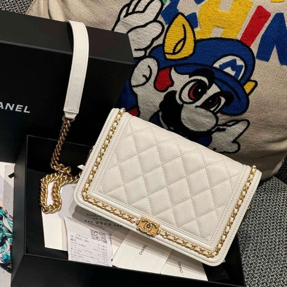 Chanel Leboy WOC Chain Shoulder Bag Crossbody White Gold Diamond Women Classic
