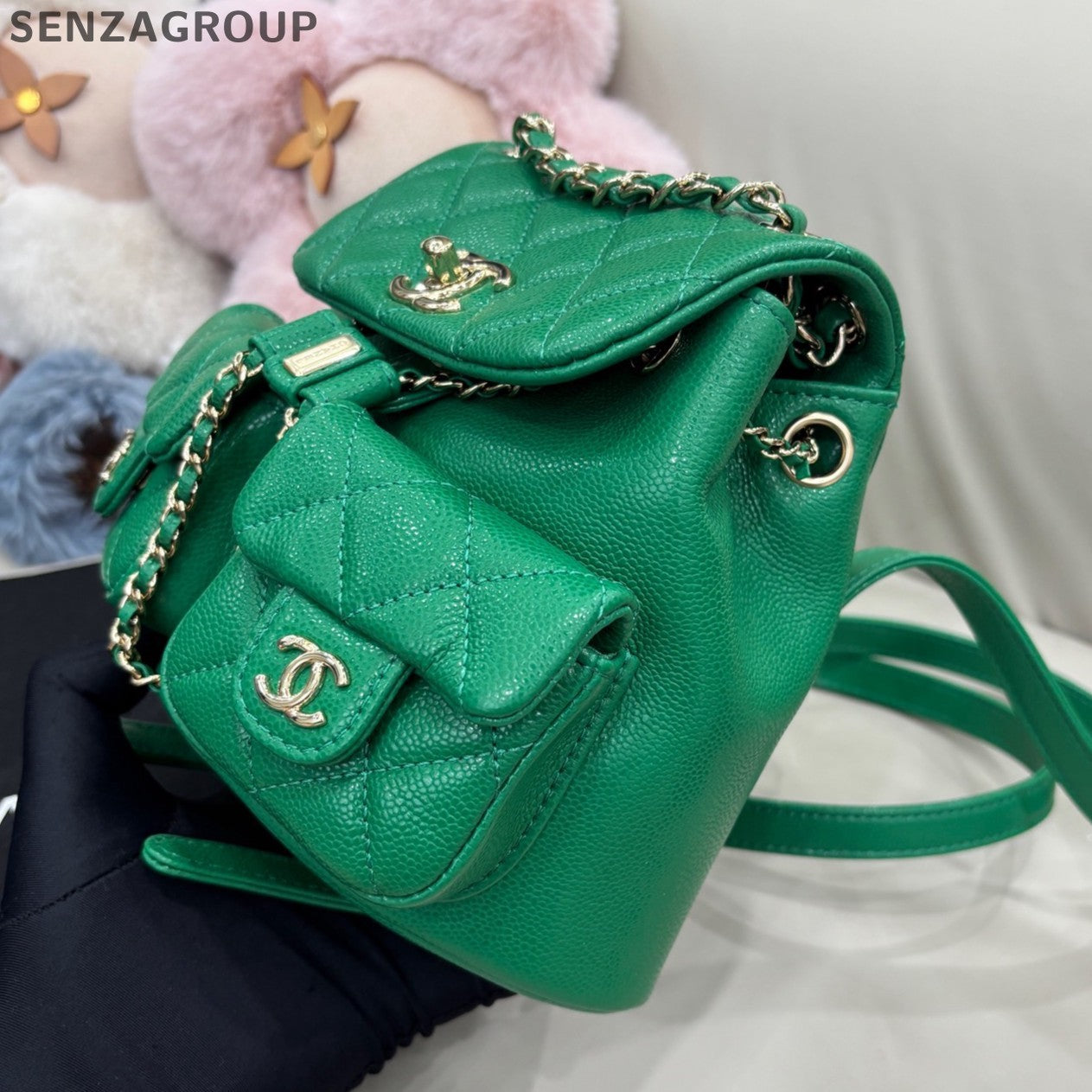 Chanel Duma PM Calfskin Chain Backpack Green Gold Diamond Women Classic