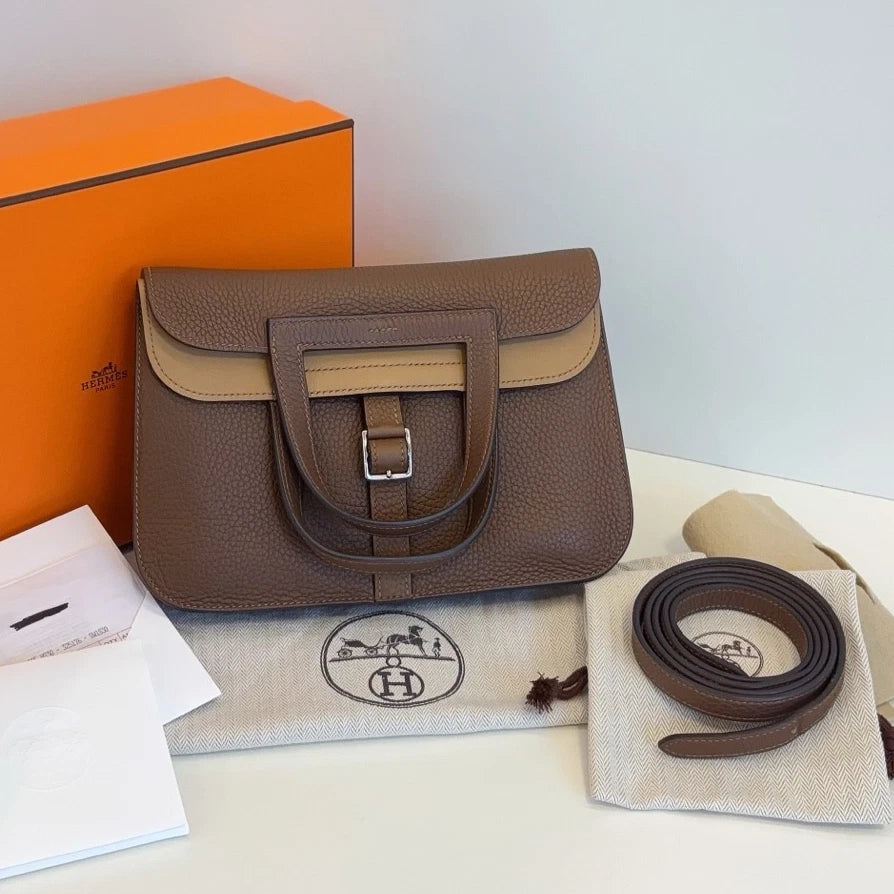 Hermes Halzan25 Shoulder Bag Crossbody Brown Silver Women Classic