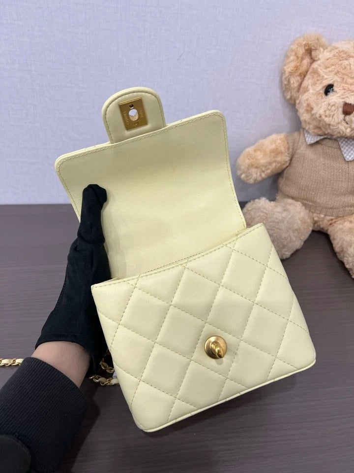 CHANEL 23S Yellow Lambskin Top Handle Box Bag For Women