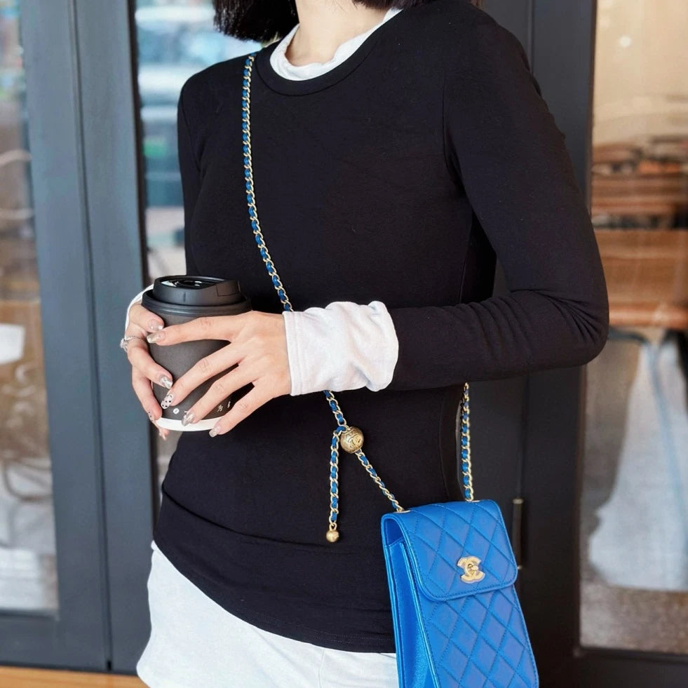 Chanel Lambskin Phone Bag Shoulder Crossbody Bag Blue Gold Hardware Women S