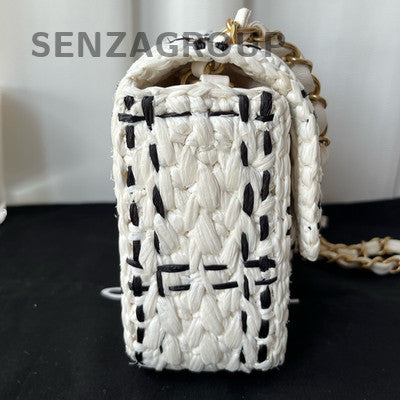 Chanel CF Black White Raffia Chain Shoulder Crossbody Bag Women