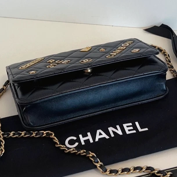 Authentic Chanel WOC Diamond Chain Black Shoulder Bag Crossbody Gold Hardware