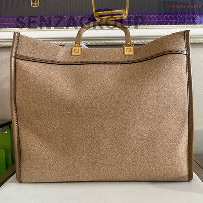Fendi Brown Wool Large Tote Bag Classic Women's Handbag Shoulder Bag