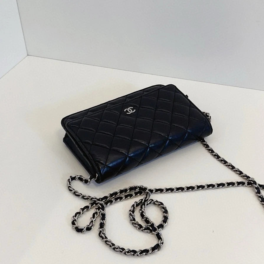 Chanel WOC Chain Lambskin Shoulder Crossbody Diamond Black Silver Women Classic