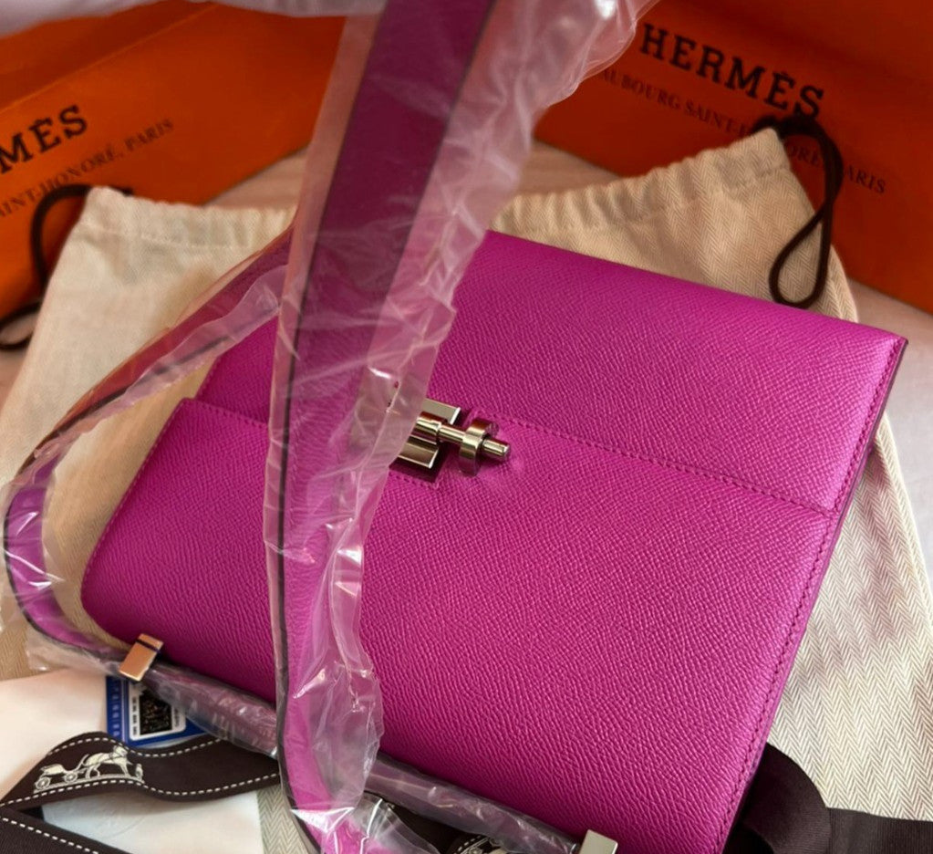 Hermes Verrou23 Epsom Leather Pink Silver Shoulder Bag Women Classic Fashion