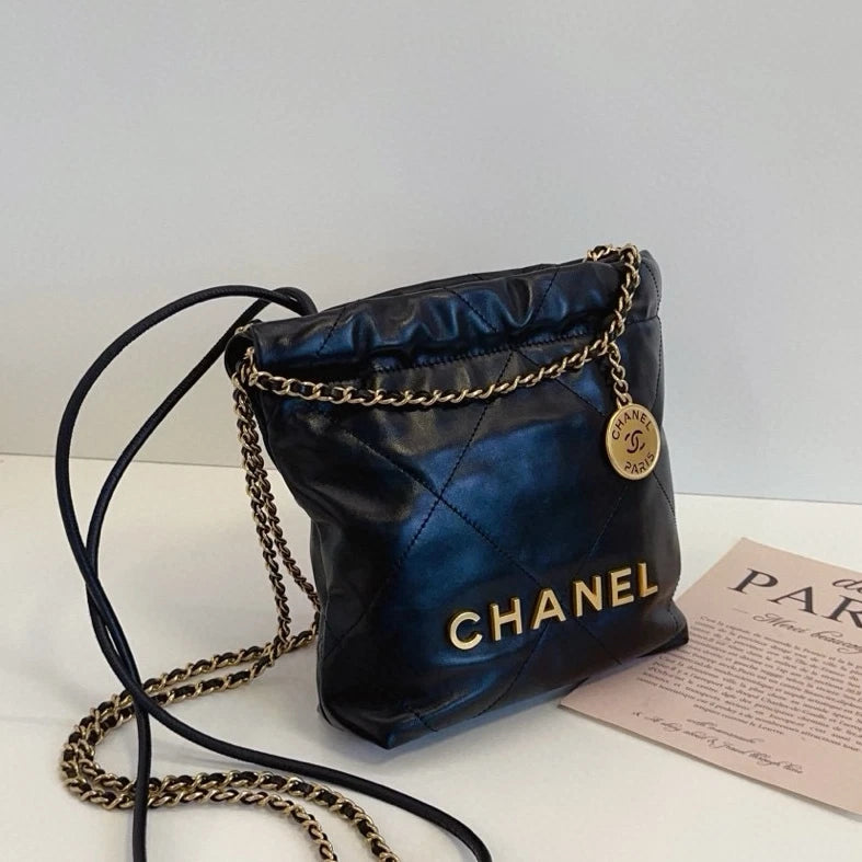 Chanel 22Bag Mini Chain Shoulder Crossbody Black Gold Women Classic