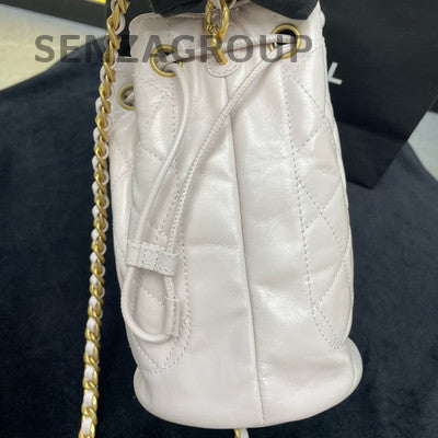 Chanel 21B White Gold Drawstring Chain Bucket Bag Quilted Crossbody