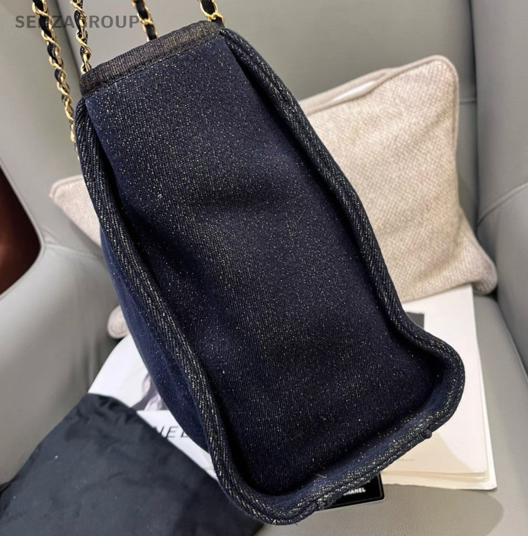 Chanel Denim Chain Tote Shoulder Bag Blue Gold Used Women Classic Fashion