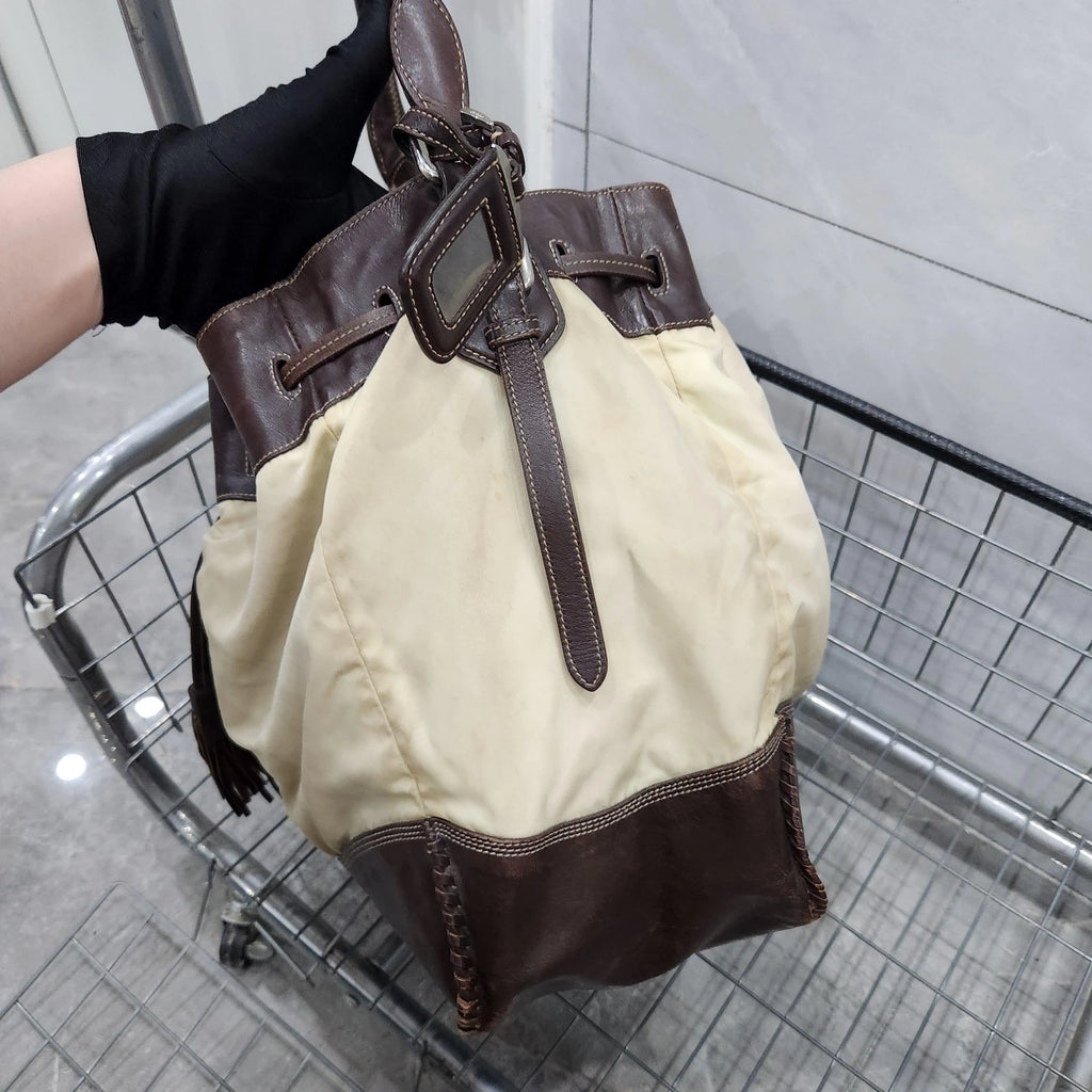 PRADA Nylon Colorblock Drawstring Bucket Shoulder Handbag For Women
