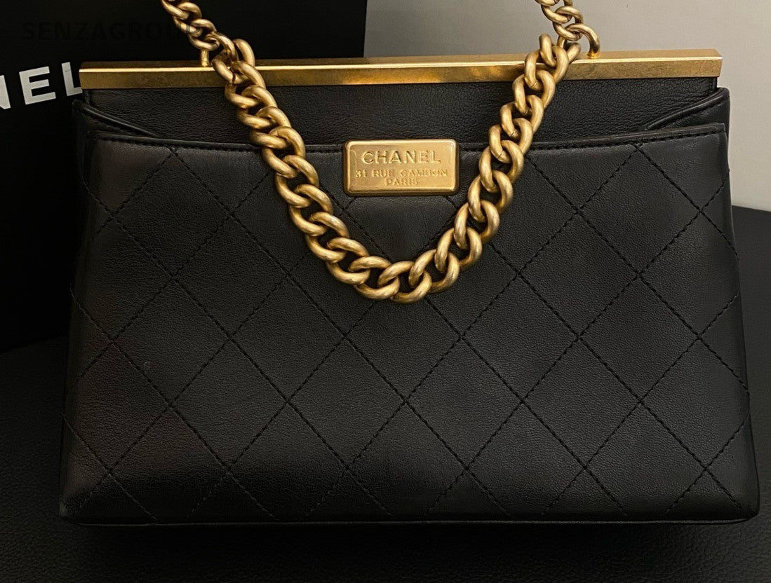 Chanel Lambskin Chain Shoulder Bag Black Gold Used Women Classic