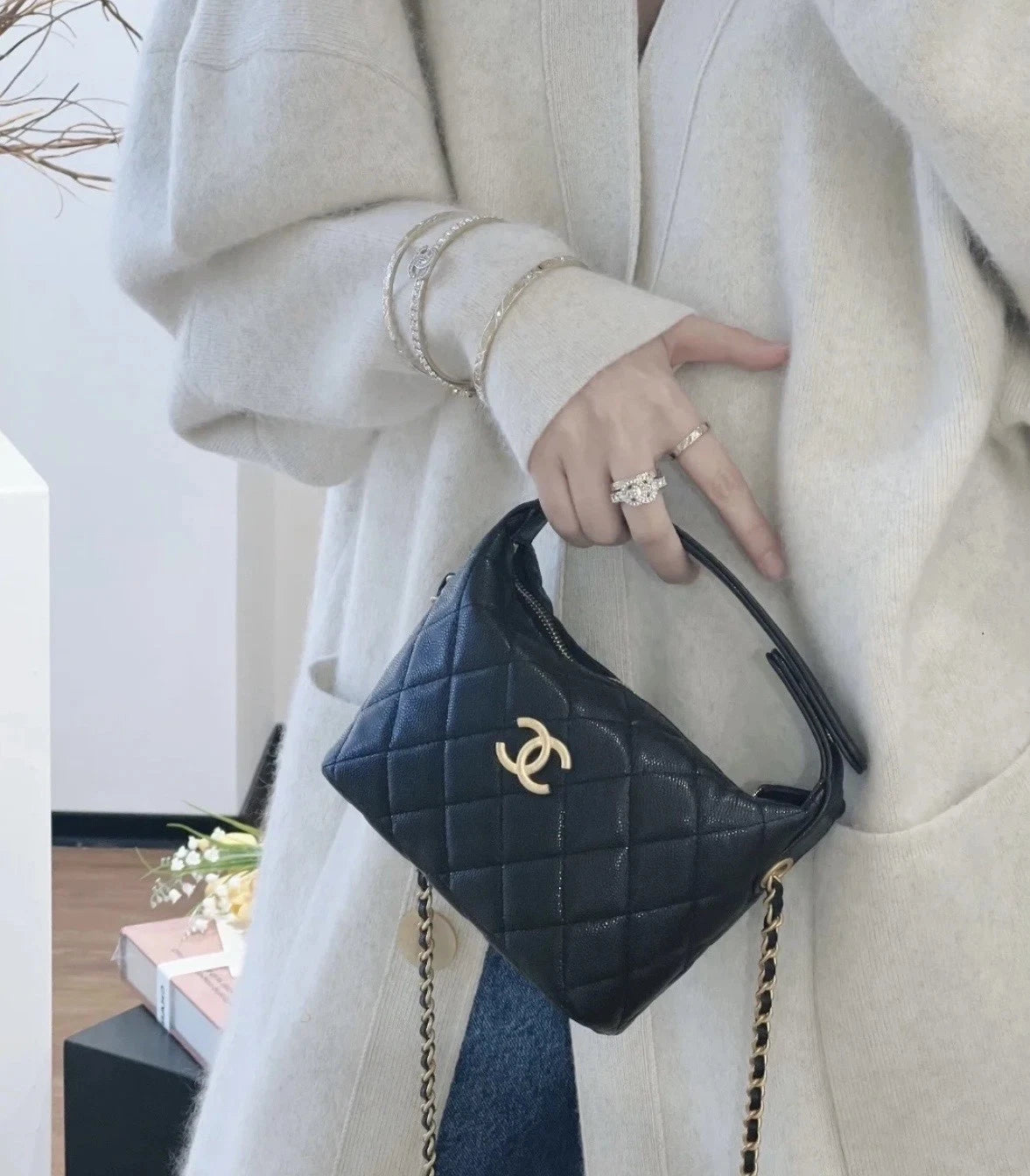 Chanel Vanity Black Gold Crossbody Handbag Excellent