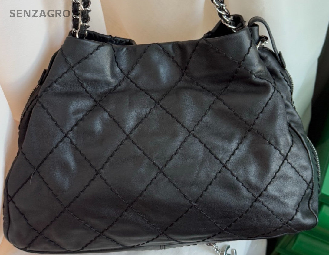 Chanel Tote Chain Shoulder Bag Crossbody Black Silver Women Diamond Classic