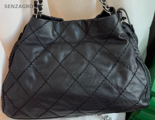 Chanel Tote Chain Shoulder Bag Crossbody Black Silver Women Diamond Classic