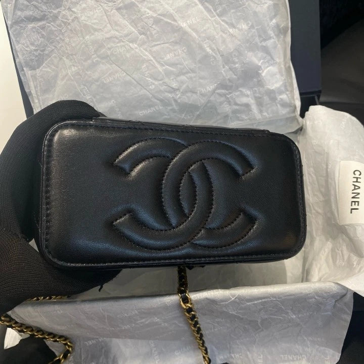Chanel Vanity Black Gold Shoulder Bag Crossbody Excellent