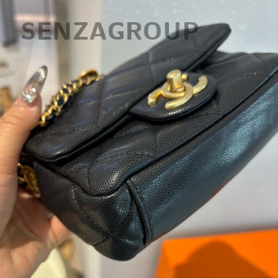 Chanel Coin Square Mini Flap Bag Black Gold Chain Shoulder Crossbody