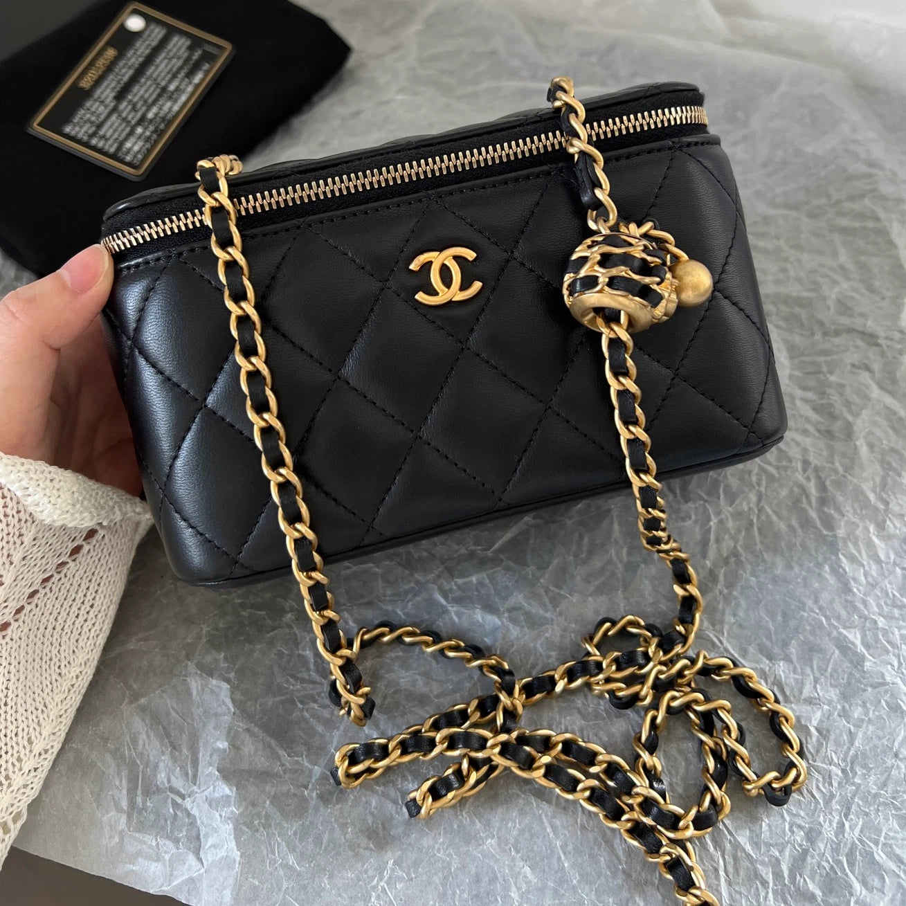 Chanel Vanity Black Gold Crossbody Chain Bag Excellent
