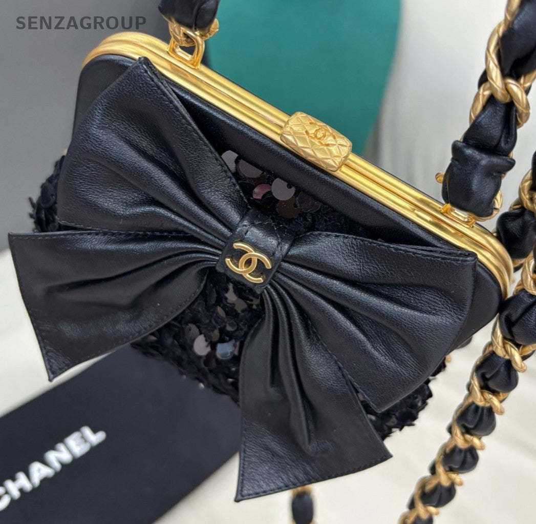 Chanel Ribbon Chain Clutch Shoulder Bag Black Gold Used Women Classic Designer