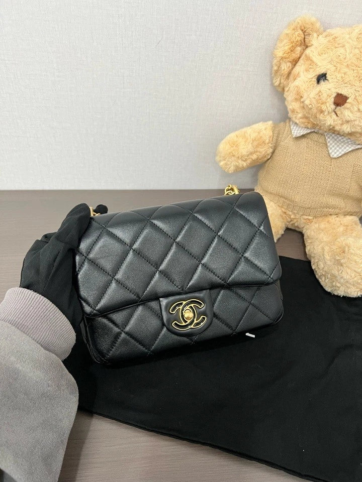 CHANEL Black Gold Lambskin Square Crossbody Bag For Women