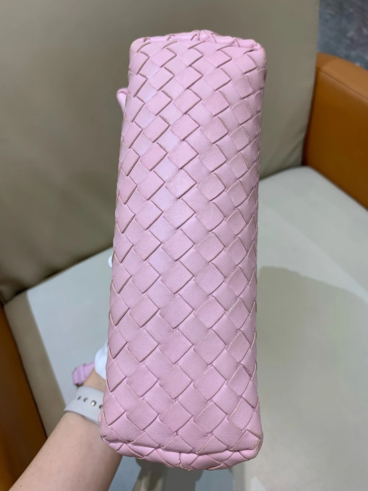 Bottega Veneta Small Olympia Pink Woven Lambskin Shoulder Crossbody Women