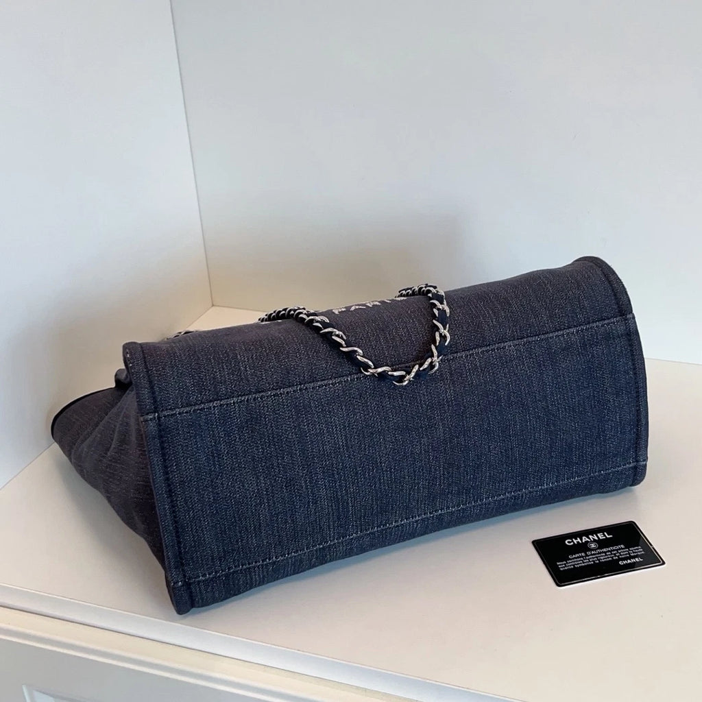 Chanel Canvas Calfskin Beach Bag Chain Top Handle Shoulder Blue Silver Women