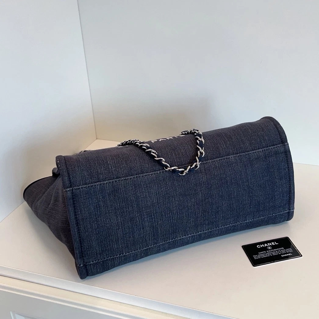 Chanel Canvas Calfskin Beach Bag Chain Top Handle Shoulder Blue Silver Women