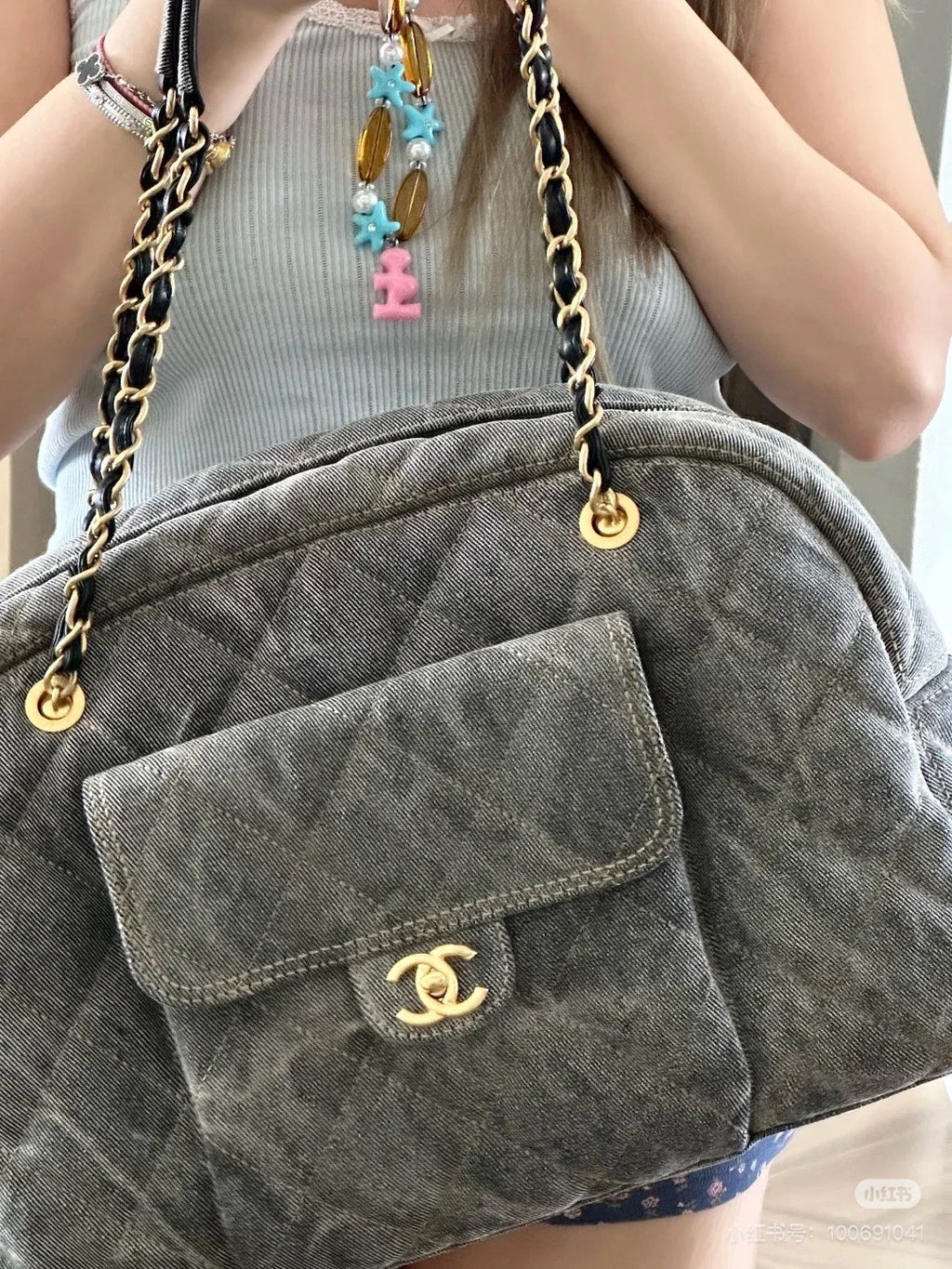 Chanel Distressed Grey Denim Maxi Bowling Bag For Women