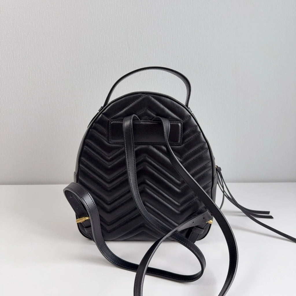 GUCCI Marmont Double G Black Gold Leather Backpack Handbag For Women