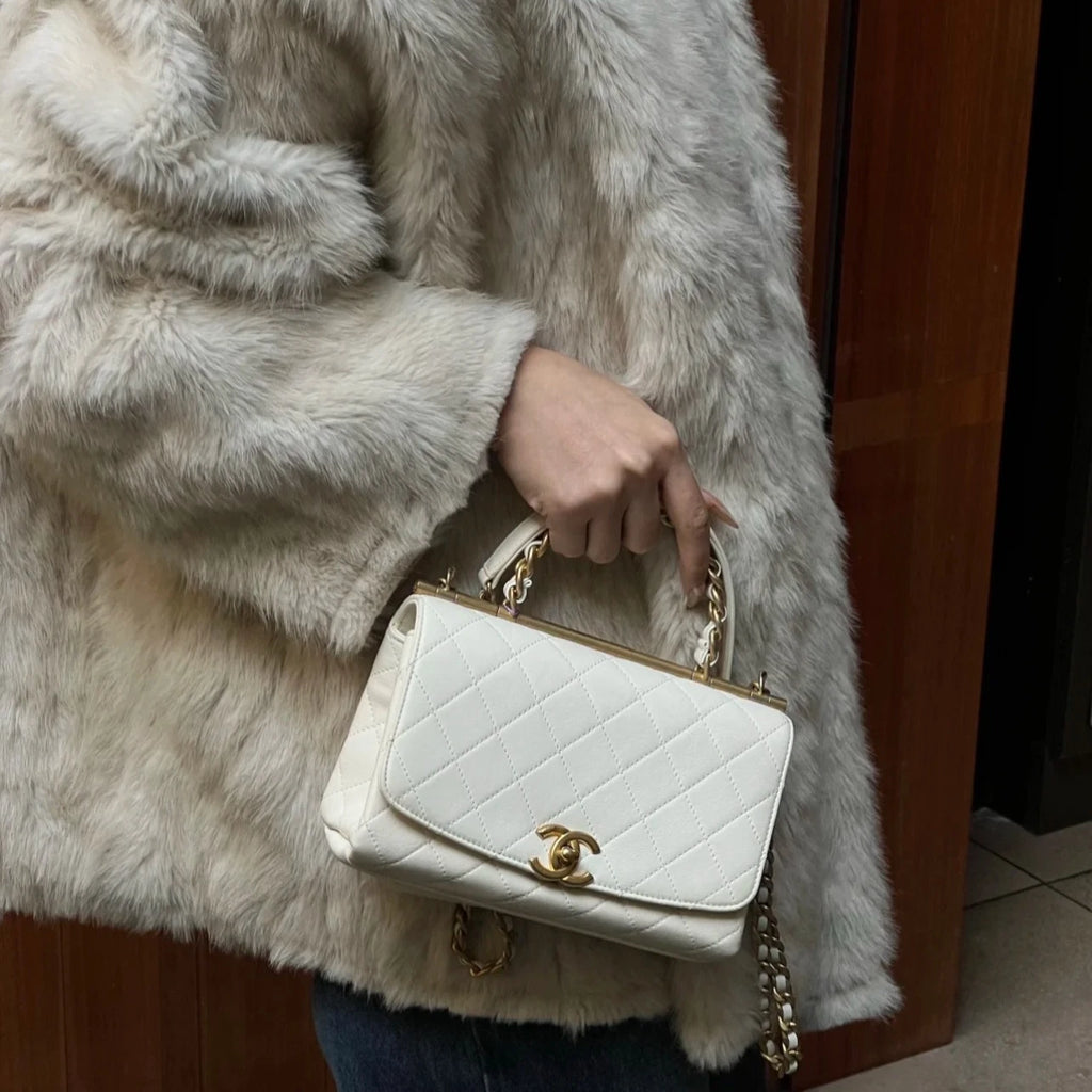 Chanel Diamond Chain Top Handle Crossbody White Gold Women Classic