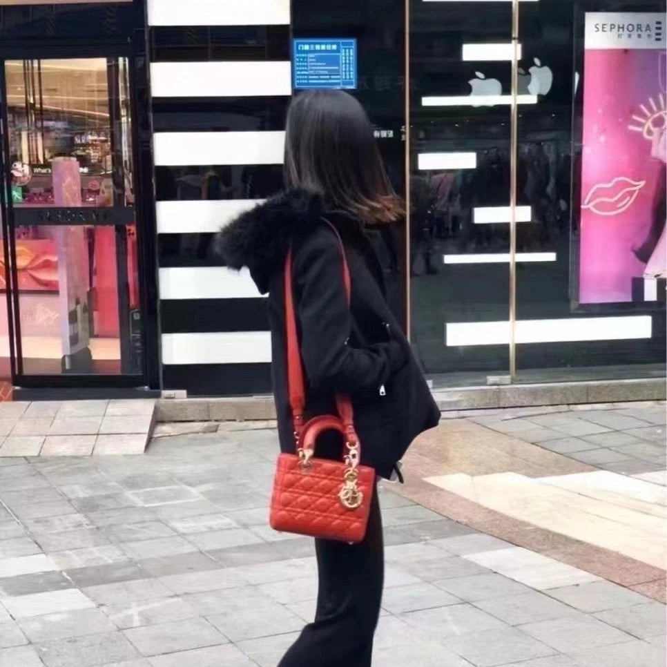 Dior Red Lambskin 4-Grid Lady Dior Shoulder Bag For Women