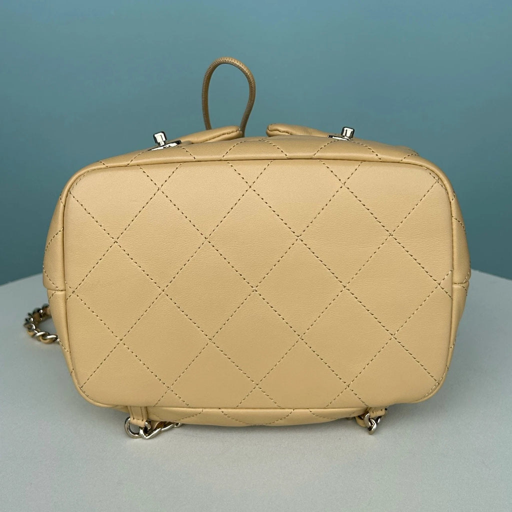 Chanel Diamond Chain Drawstring Backpack Beige Gold Used Women Classic