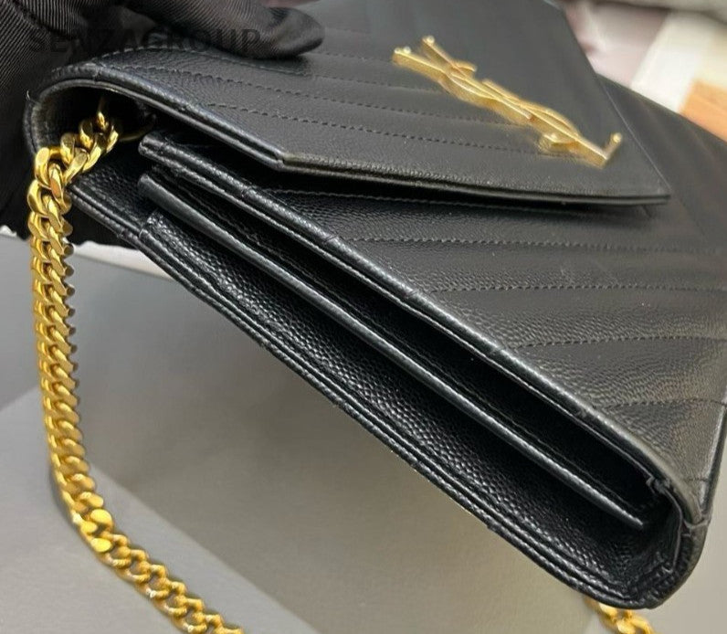 Saint Laurent WOC Calfskin Chain Shoulder Bag Black Gold Used Women Classic