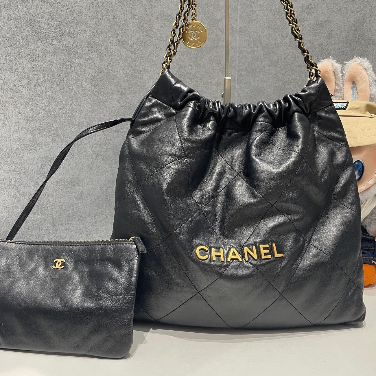 Chanel 22 Bag Medium Black Gold Quilted Chain Shoulder Bag for Women