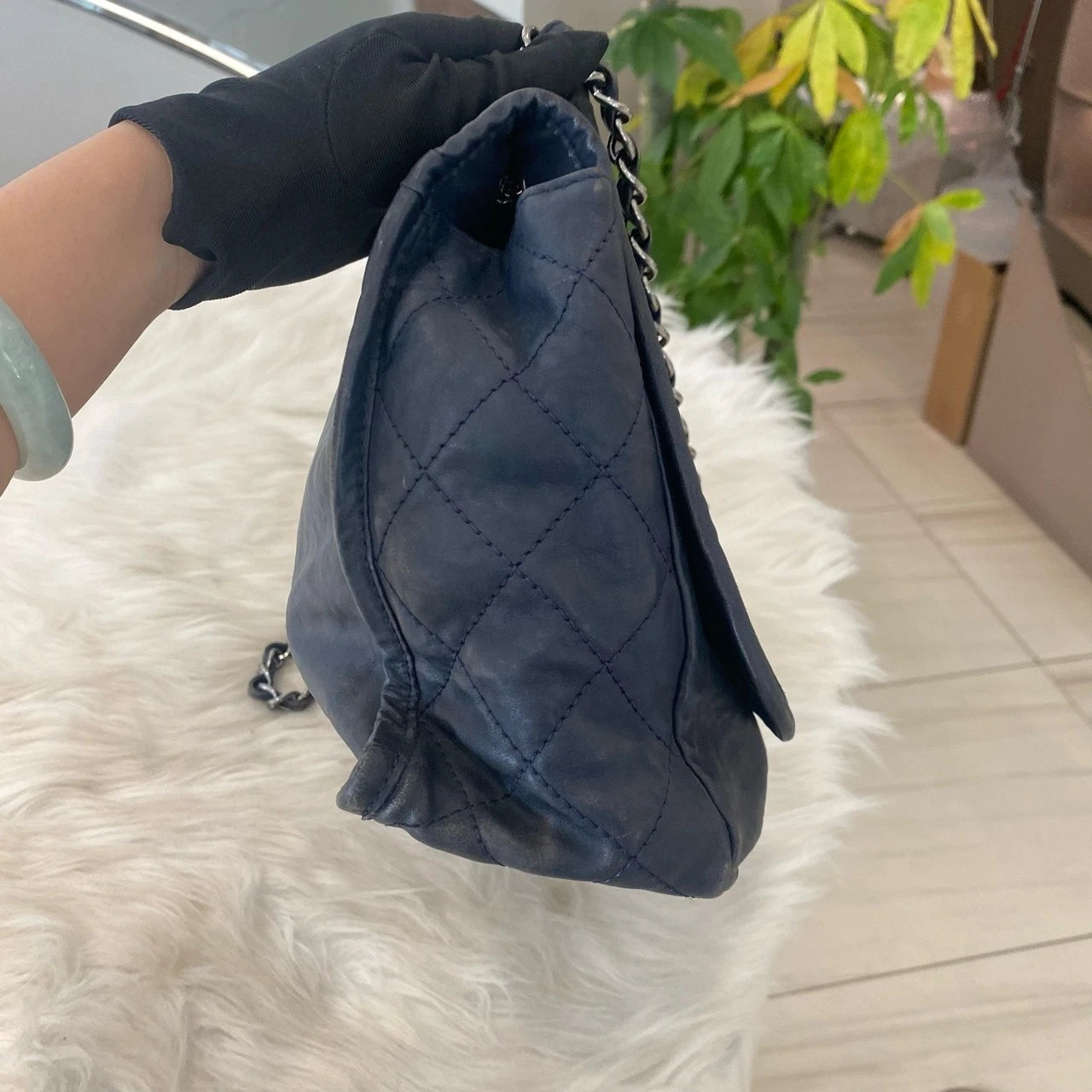 Chanel Quilted Chain Shoulder Bag Blue Silver Classic Women's