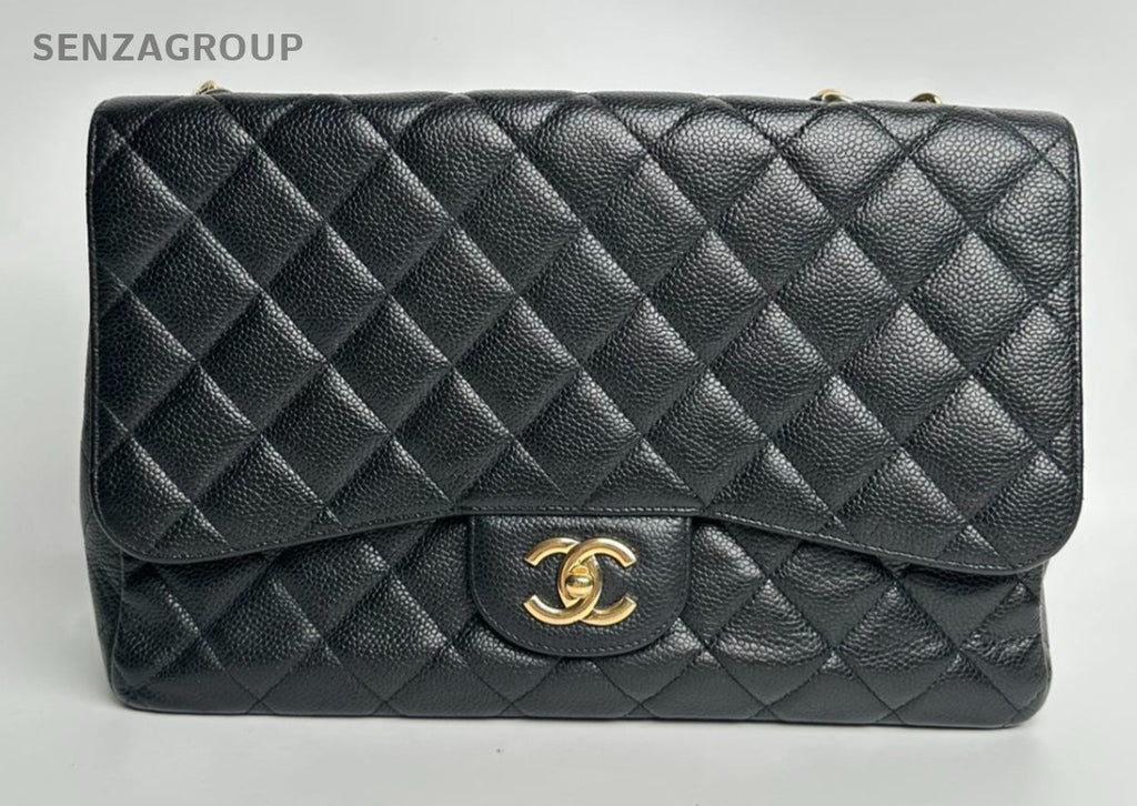 Chanel Classic Flap GM Chain Shoulder Bag Crossbody Black Gold Women Fashion