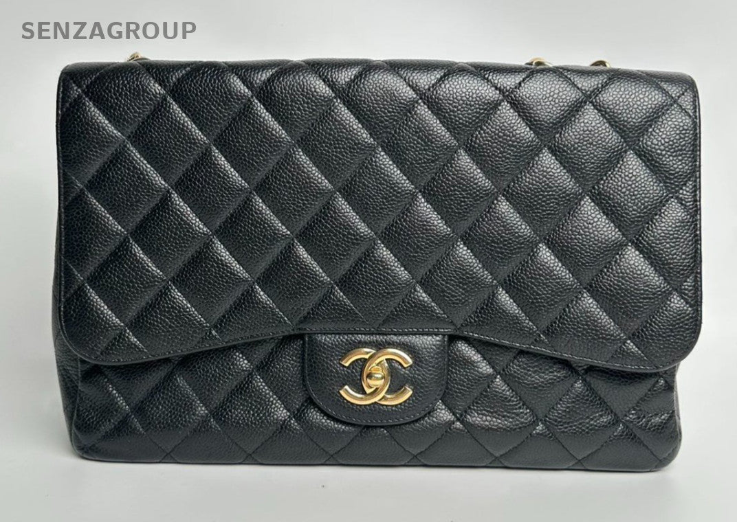 Chanel Classic Flap GM Chain Shoulder Bag Crossbody Black Gold Women Fashion